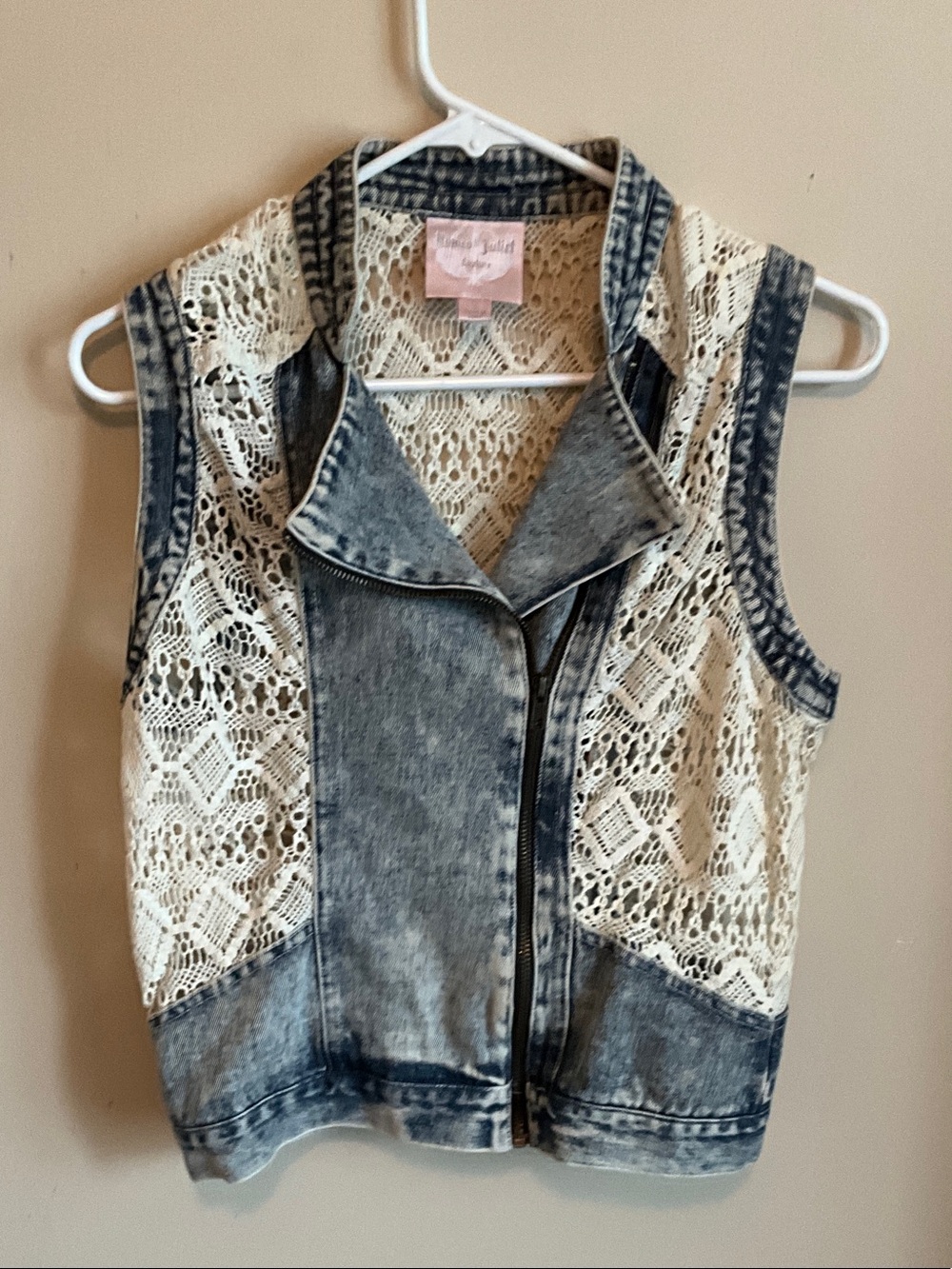 Romeo & Juliet Couture Acid Wash Denim Vest with Cream Lace Panels